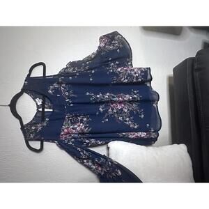 Women's Navy Blue Floral Cold Shoulder Blouse